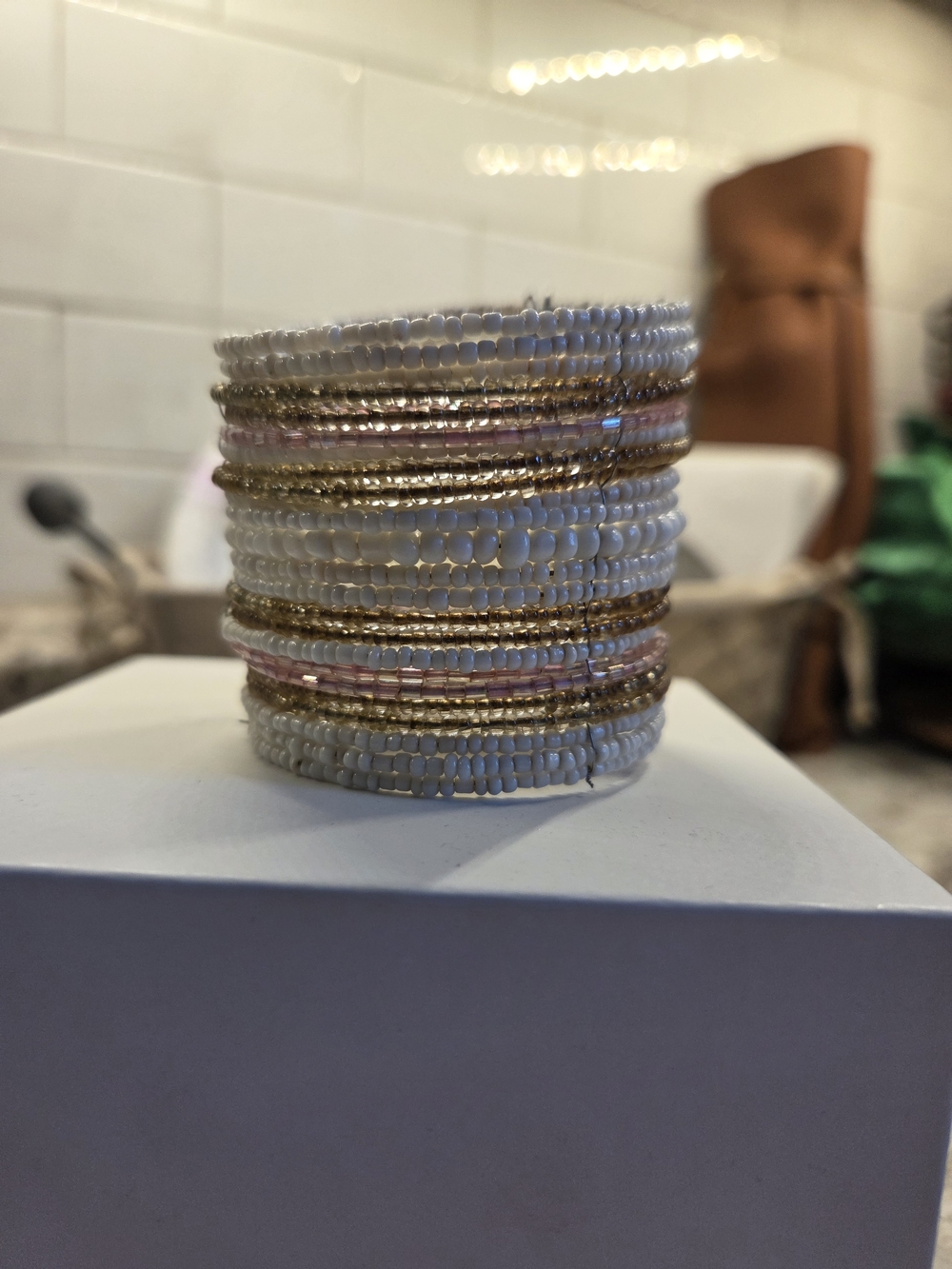 Stacked Beaded Multi-Row Bracelet - White, Pink & Gold